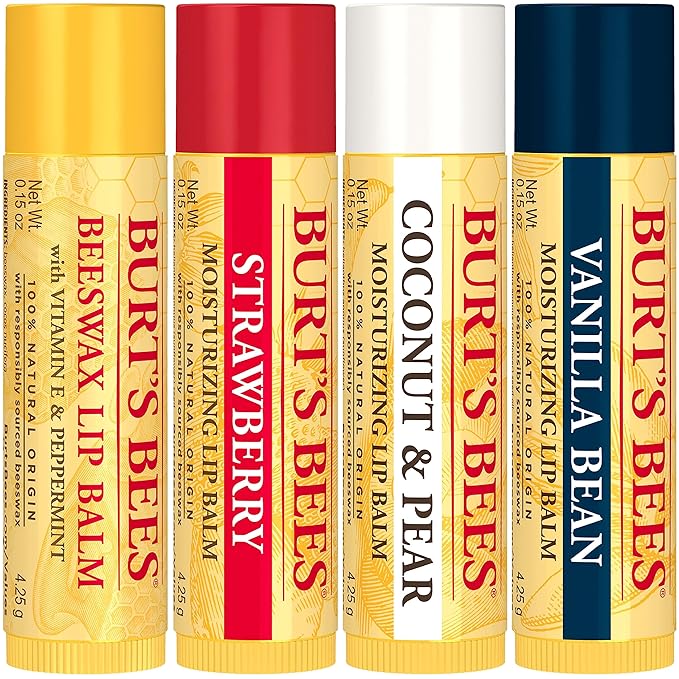 Burt's Bees Lip Balm - Beeswax, Strawberry, Coconut and Pear, and Vanilla Bean, With Responsibly Sourced Beeswax, Tint-Free, Natural Origin Lip Treatment, 4 Tubes, 0.15 oz.-Velvo Beauty