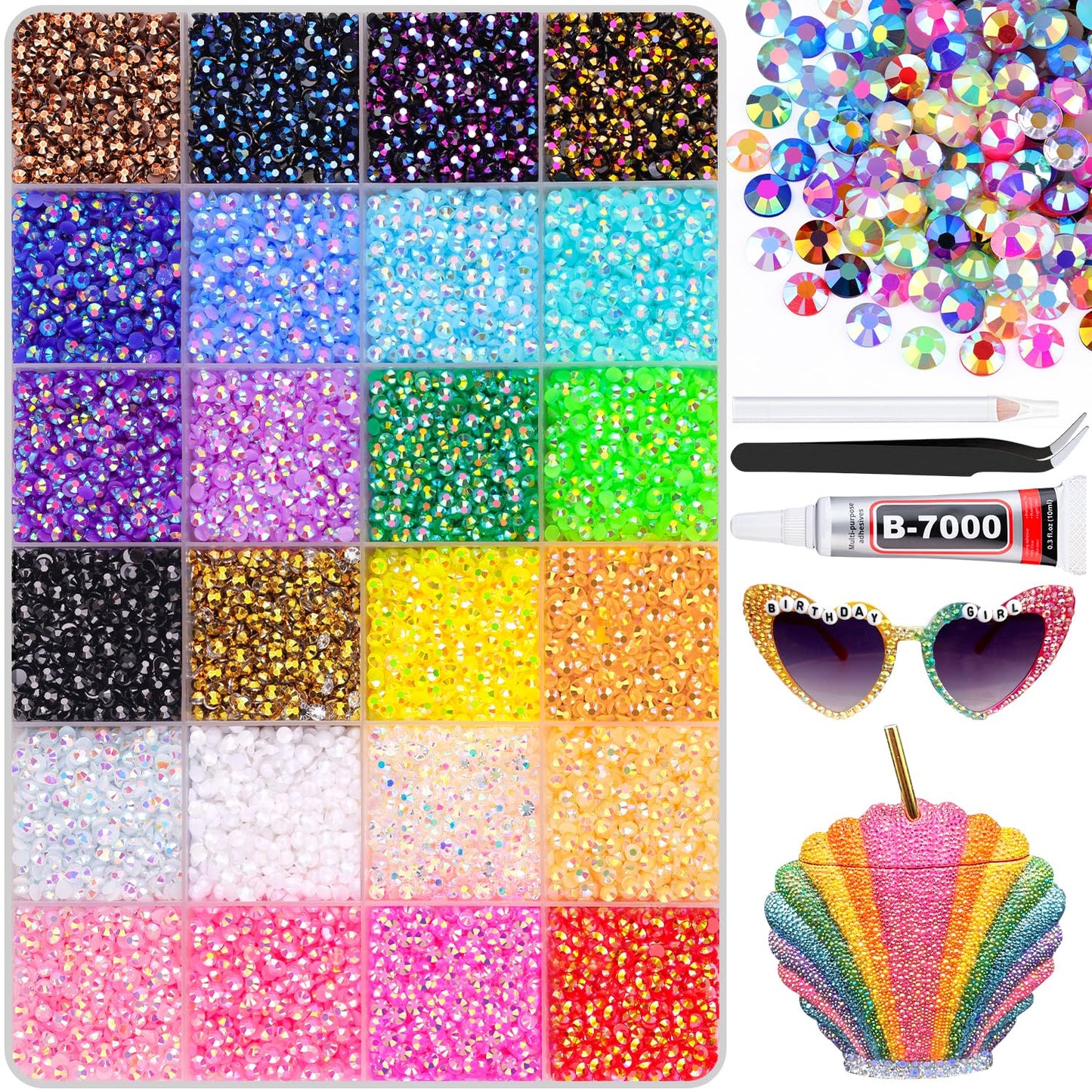 24000Pcs Resin Rhinestones for Bedazzling with B7000 Jewelry Glue, Colorful 3mm Non Hotfix Flatback Gems, Rhinestones for Crafting DIY Crafts Clothing Tumblers Mugs Shoes Fabric Decor Nail Art-Velvo Beauty