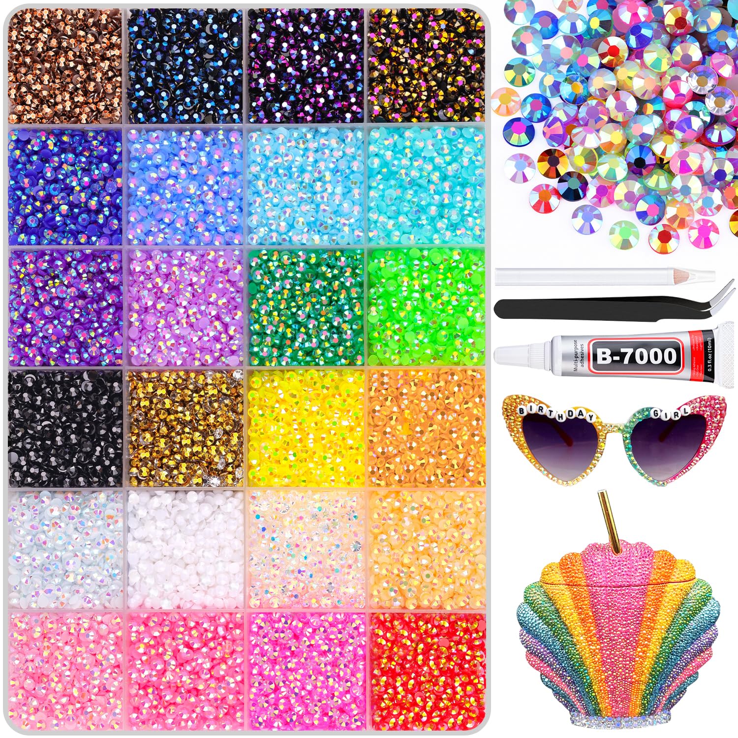 24000Pcs Resin Rhinestones for Bedazzling with B7000 Jewelry Glue, Colorful 3mm Non Hotfix Flatback Gems, Rhinestones for Crafting DIY Crafts Clothing Tumblers Mugs Shoes Fabric Decor Nail Art-Velvo Beauty
