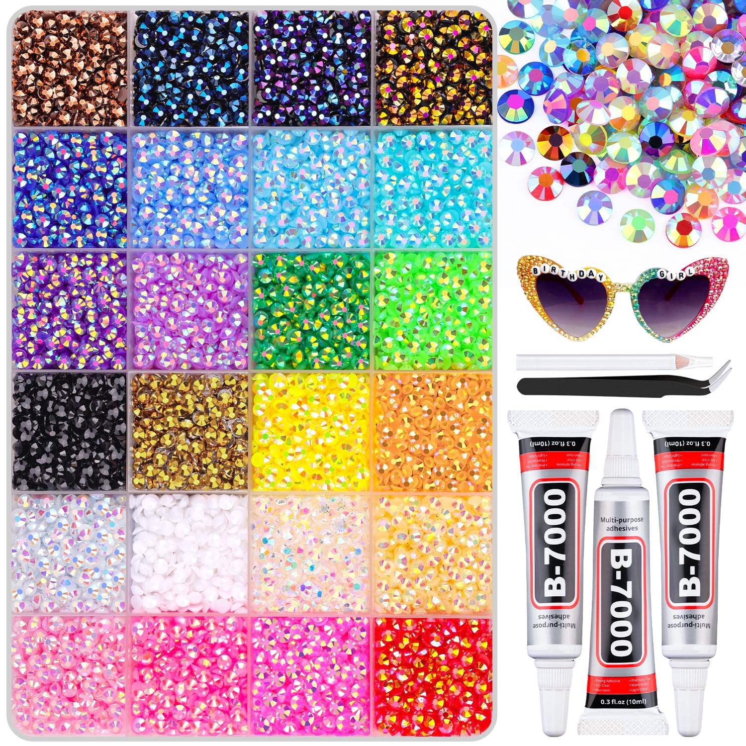 12600Pcs Resin Rhinestones with B7000 Jewelry Glue for Crafting, Multicolors 4mm Non Hotfix Flatback Gems, Bedazzling Crystal for DIY Crafts Clothing Tumblers Mugs Shoes Fabric Decor Nail Art-Velvo Beauty