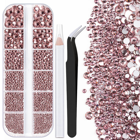 One Pack 2000 Pcs of Flatback Round Pale Purple Rhinestones 6 Sizes (1.5-6 mm) with Nail Art Rhinestone Picker Pencil and Tweezer for DIY and Salon Use-Velvo Beauty