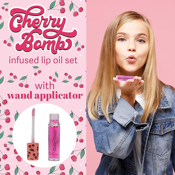 Expressions 5pc Lip Oil Set - Cherry Bomb Lip Oils, Lip Healing Cherry Infused Lip Oil Collection with Precision Applicator Wand Everyday Lip Care and Lip Repair (CHERRY BOMB)-Velvo Beauty