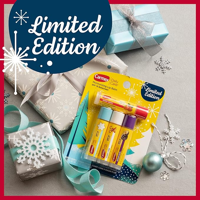Carmex Daily Care Moisturizing Lip Balm Limited Edition Holiday Stick Pack in Sugar Plum, Candy Cane, Sugar Cookie and Merry Berry - 0.15 OZ each, 4 count (Pack of 2)-Velvo Beauty