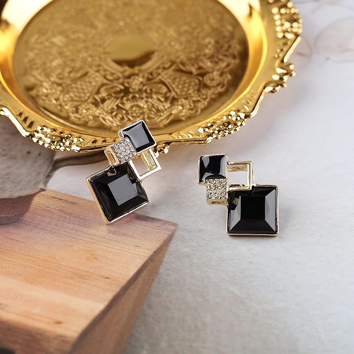 Vintage Crystal Square Drop Earrings Black Square Stud Earrings Gold Hollow Square Dangle Earrings Black Onyx Square Earrings Jewelry for Women-Velvo Beauty