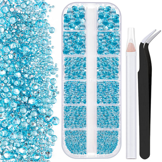 One Pack 2000 Pcs of Flatback Round Lake Blue Rhinestones 6 Sizes (1.5-6 mm) with Nail Art Rhinestone Picker Pencil and Tweezers for DIY and Salon Use-Velvo Beauty
