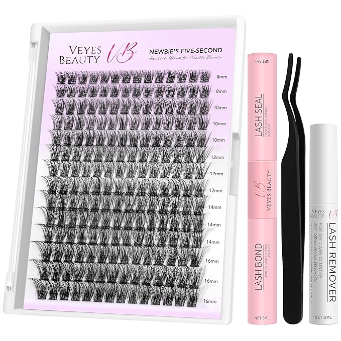 VEYESBEAUTY Lash Clusters Kit Individual Eyelash Extensions Thin & Invisible Band DIY False Eyelashes Newbie's Five-Second Series Wispy Lash Tray, Boldeye KIT with Bond&Seal Remover Applicator-Velvo Beauty