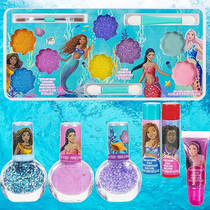Little Mermaid Train Case Beauty Set, Kids Makeup Kit for Girls, Real Washable Toy Makeup Set, Play Makeup, Pretend Play, Party Favor, Birthday, Toys Ages 3 4 5 6 7 8 9 10 11 12-Velvo Beauty