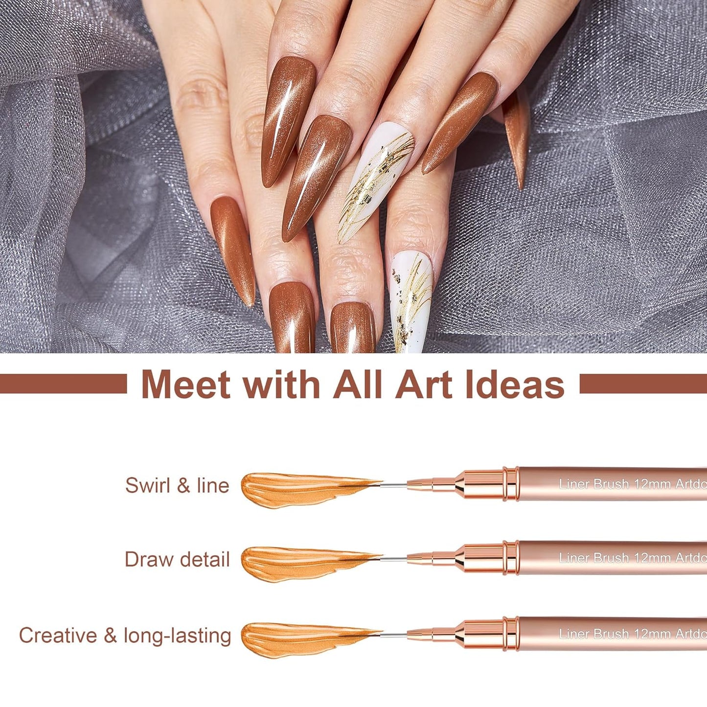Artdone Metallic Nail Art Pens, Liner Brushes Set, 5PCS Copper Color Nail Tools For Long Lines, Thin Details, Fine Drawing, Liner Brush UV Gel Polish Painting Nail Design Sizes 5/8/12/20/25mm-Velvo Beauty