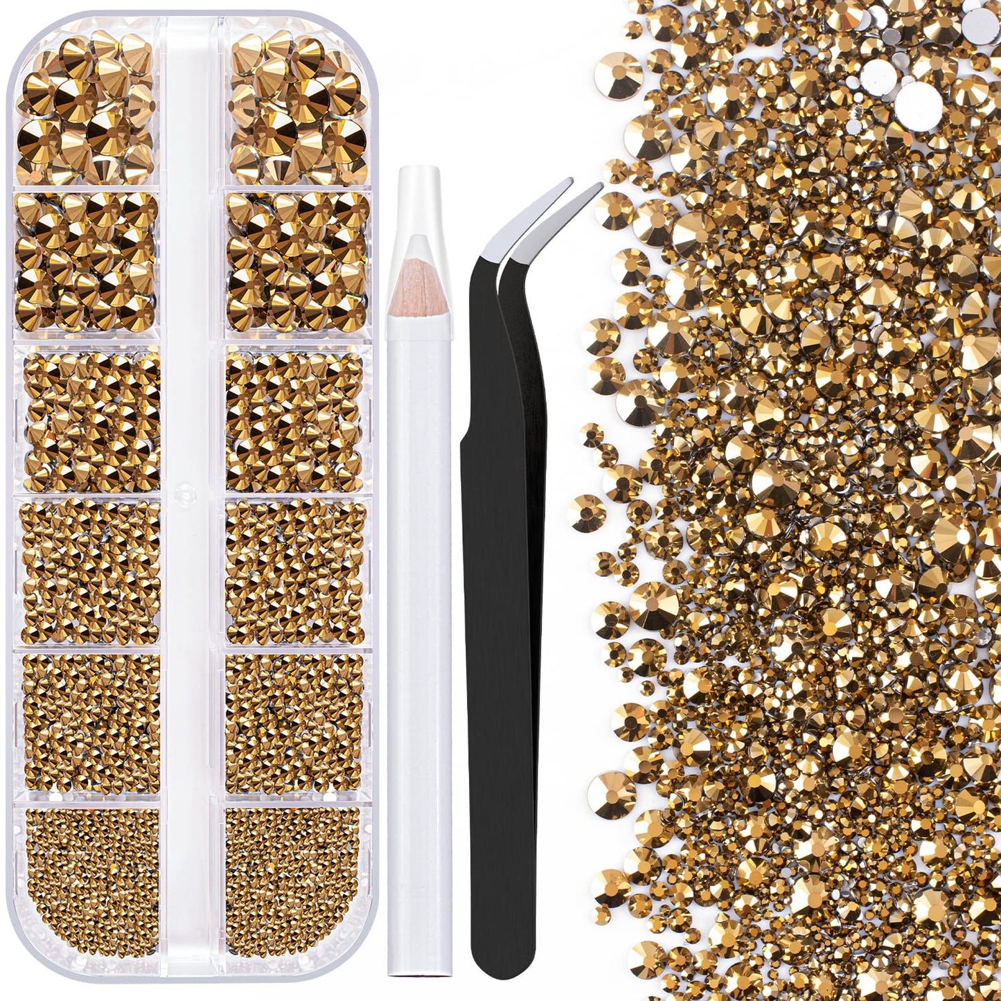 One Pack 2000 Pcs of Flatback Round Mineral Gold Rhinestones 6 Sizes (1.5-6 mm) with Nail Art Rhinestone Picker Pencil and Tweezers for DIY and Salon Use-Velvo Beauty