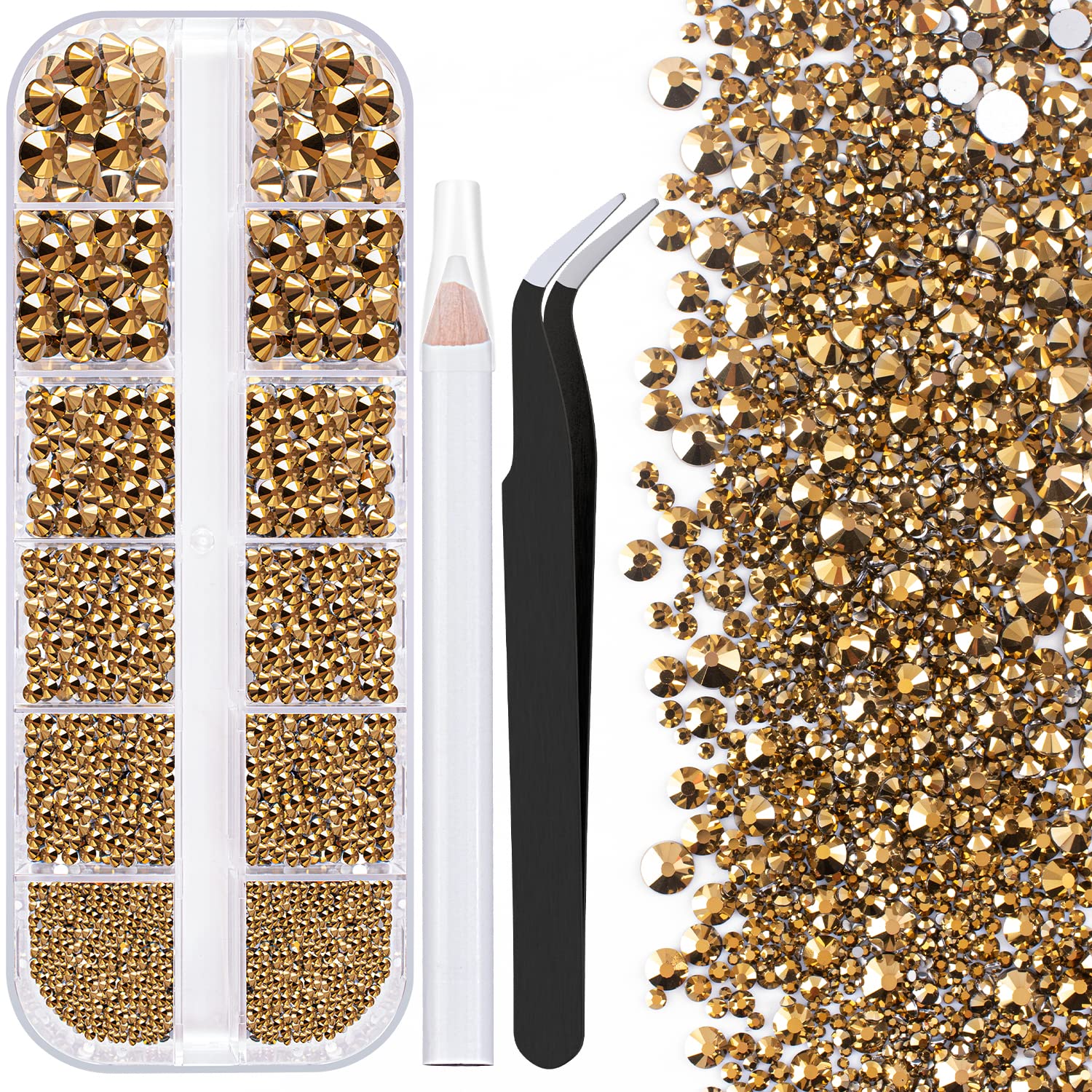 One Pack 2000 Pcs of Flatback Round Mineral Gold Rhinestones 6 Sizes (1.5-6 mm) with Nail Art Rhinestone Picker Pencil and Tweezers for DIY and Salon Use-Velvo Beauty