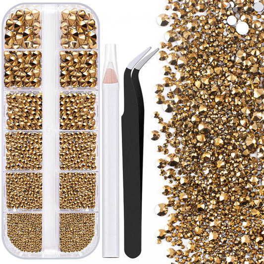 One Pack 2000 Pcs of Flatback Round Mineral Gold Rhinestones 6 Sizes (1.5-6 mm) with Nail Art Rhinestone Picker Pencil and Tweezers for DIY and Salon Use-Velvo Beauty