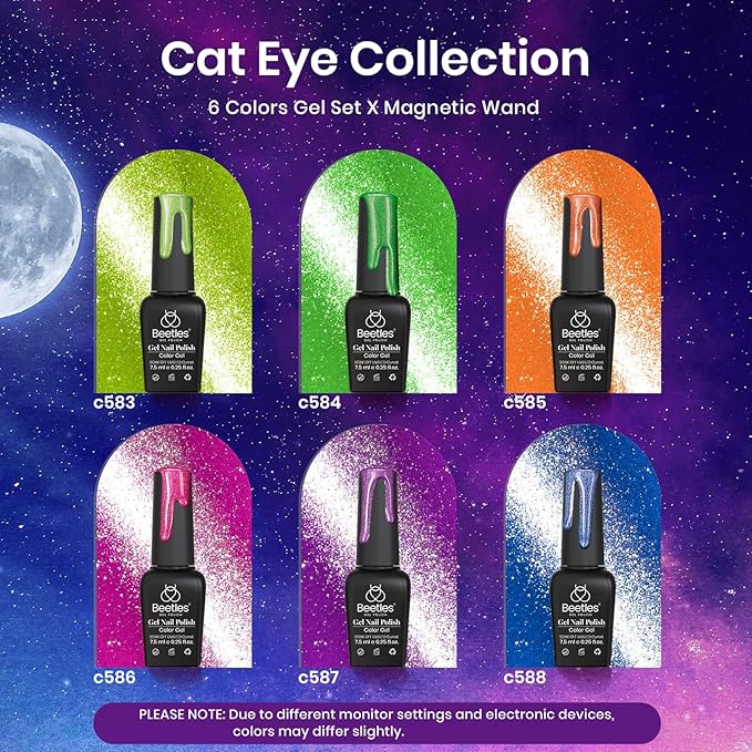 Beetles Cat Eye Gel Nail Polish Set, 6 Colors Summer Neon Holographic Glitter Gel Polish Kit Hot Pink Orange Purple Blue Green Magnetic Nail Polish Soak Off UV French Nail Art Gift for Women-Velvo Beauty