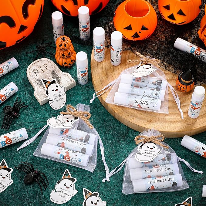 Demissle 50 Pcs Baby Shower Lip Balm Gift Set with 100 Pcs Organza Bags Baby Shower Party Favor for Guest Thank You Tag Rope Baby Shower Party Decoration Gender Reveal Souvenirs (Ghost)-Velvo Beauty