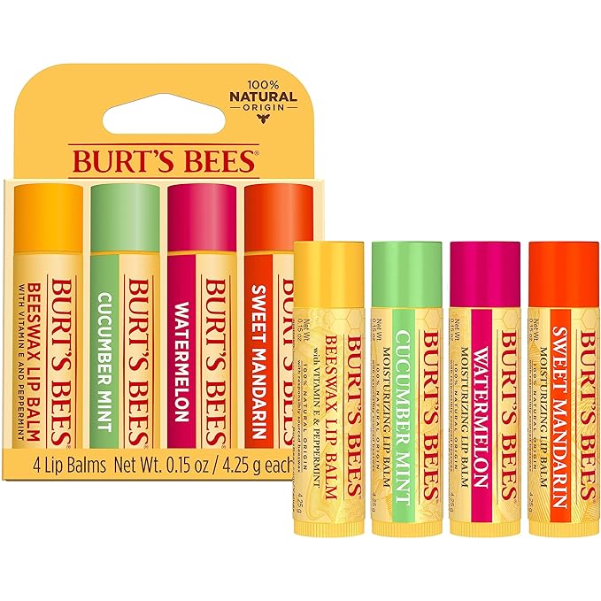 Burt's Bees Lip Balm - Original Beeswax, Cucumber Mint, Watermelon & Sweet Mandarin, With Responsibly Sourced Beeswax, Tint-Free, Natural Origin Treatment, 4 Tubes, 0.15 oz.-Velvo Beauty