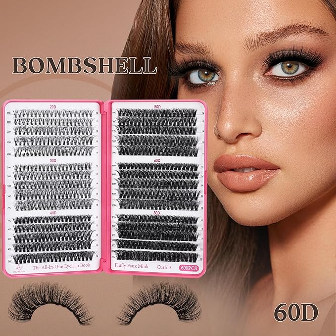 Bombshell Lash Clusters - Eyelash Clusters 20D+30D+40D+50D+60D+80D Wispy Individual Lashes D Curl Lash Extension 10-18MM Natural Lash Clusters DIY Cluster Eyelash Extensions for Beginners-Velvo Beauty
