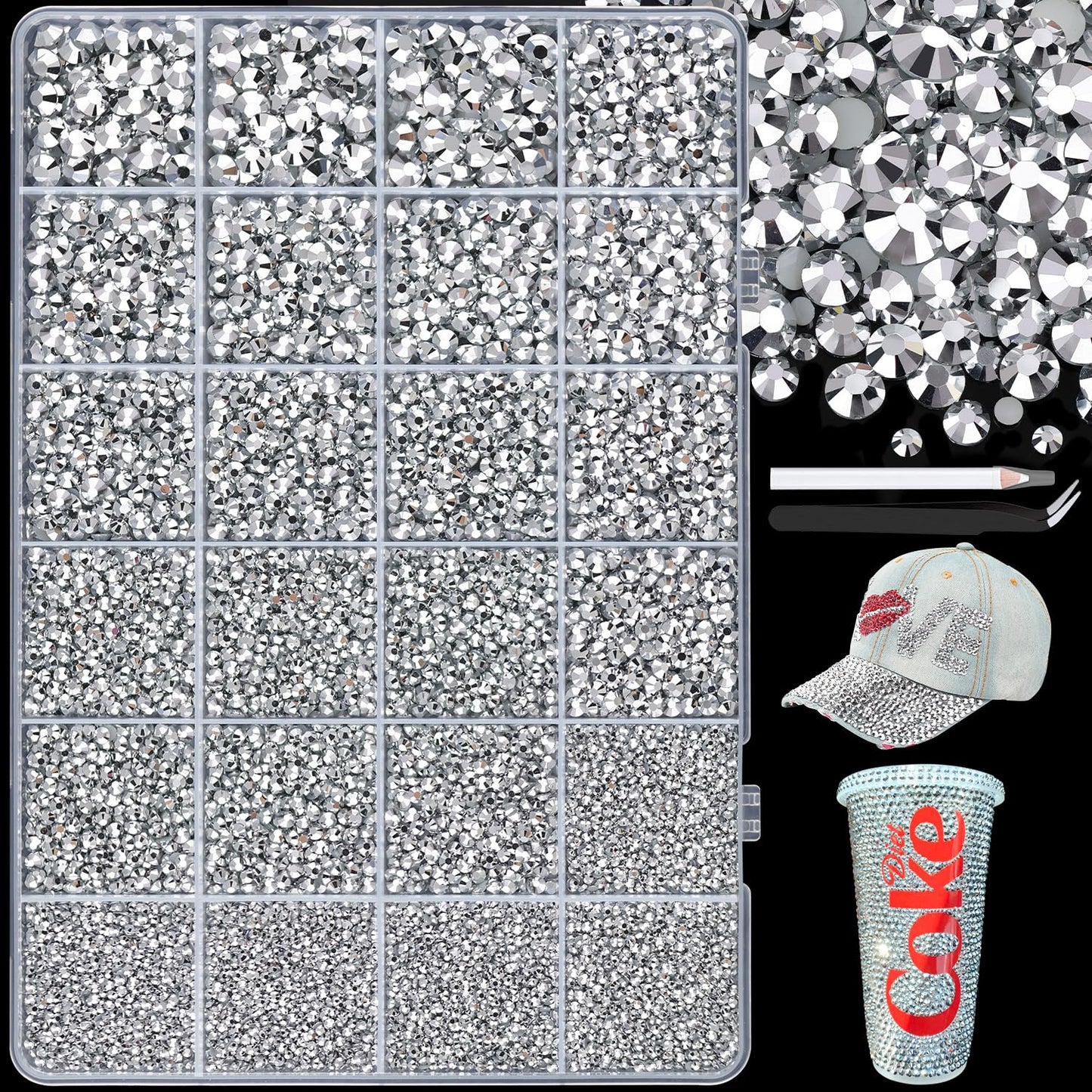 25000Pcs Resin Rhinestones with Tweezers for Crafting, 2-6mm Mixed Sizes (Silver) Non Hotfix Flatback Gems, Bedazzling Crystal for DIY Crafts Clothing Tumblers Mugs Shoes Decor Nail Art-Velvo Beauty