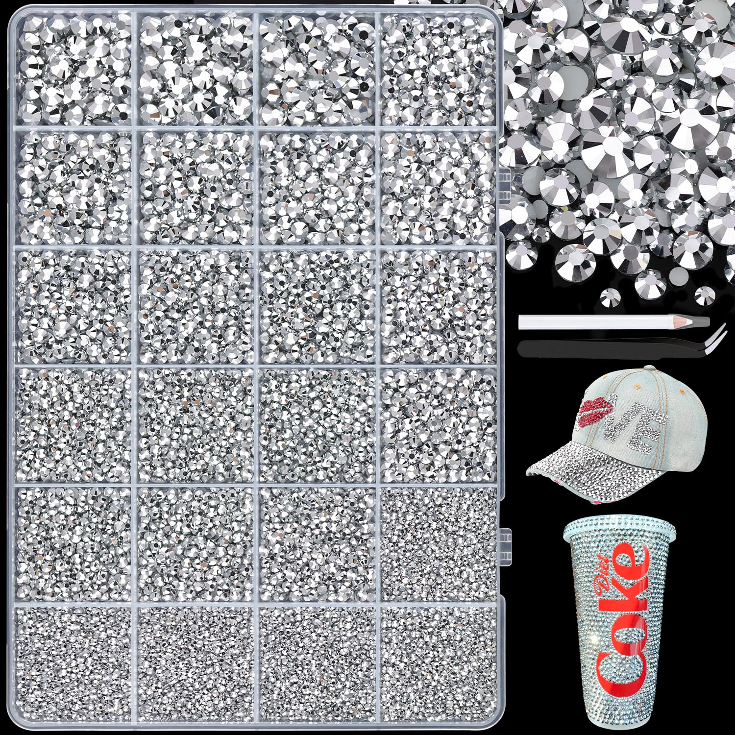 25000Pcs Resin Rhinestones with Tweezers for Crafting, 2-6mm Mixed Sizes (Silver) Non Hotfix Flatback Gems, Bedazzling Crystal for DIY Crafts Clothing Tumblers Mugs Shoes Decor Nail Art-Velvo Beauty