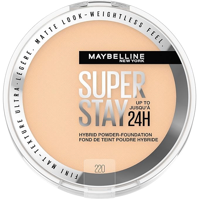 Maybelline Super Stay Up to 24HR Hybrid Powder-Foundation, Medium-to-Full Coverage Makeup, Matte Finish, 220, 1 Count-Velvo Beauty