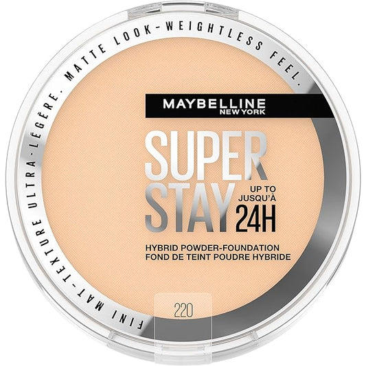 Maybelline Super Stay Up to 24HR Hybrid Powder-Foundation, Medium-to-Full Coverage Makeup, Matte Finish, 220, 1 Count-Velvo Beauty