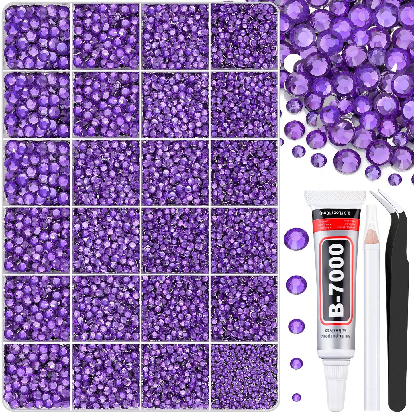 30000Pcs Dark Purple Rhinestones for Bedazzling with B7000 Jewelry Glue, Bedazzler Kit Flatback Gems, Resin Rhinestones for Crafting Crafts Clothing Shoes Fabric Nail Art Assorted Size 2/3/4/5/6mm-Velvo Beauty