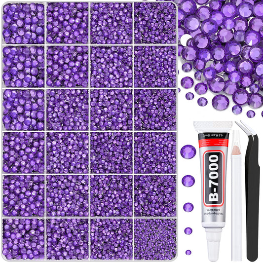 30000Pcs Dark Purple Rhinestones for Bedazzling with B7000 Jewelry Glue, Bedazzler Kit Flatback Gems, Resin Rhinestones for Crafting Crafts Clothing Shoes Fabric Nail Art Assorted Size 2/3/4/5/6mm-Velvo Beauty