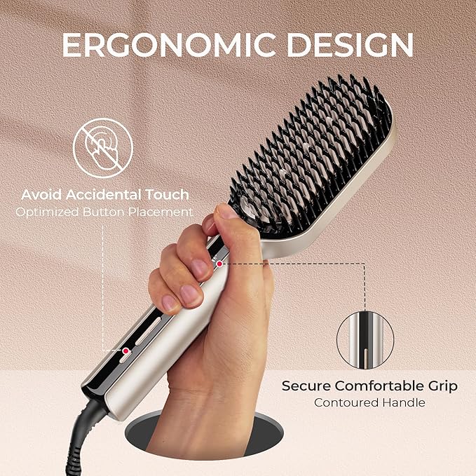 TYMO Hair Straightener Brush - Upgraded Ionic Plus Straightening Brush with Dense Bristles, 16 Temps, Dual Voltage | Ceramic Hot Comb for Women | Flat Iron for Thick Curly Hair, Gold-Velvo Beauty