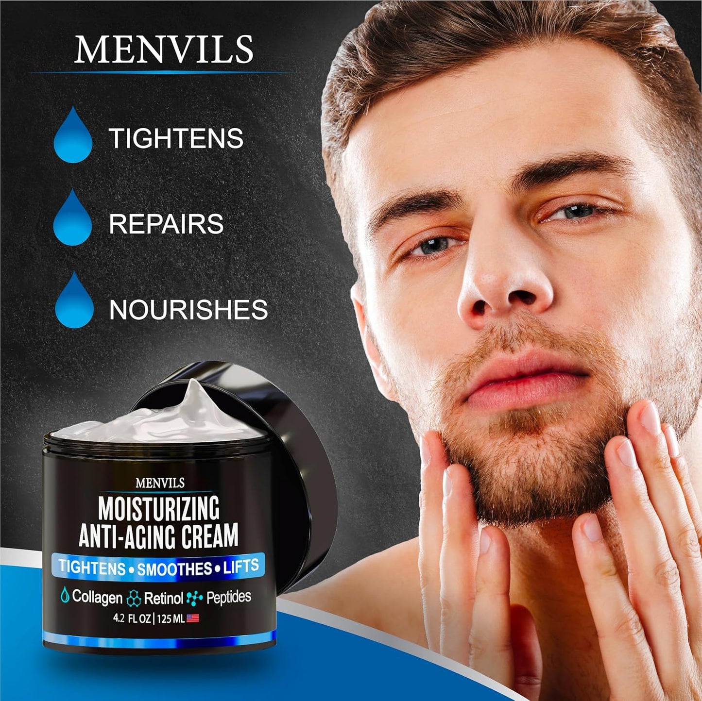 Mens Face Moisturizer Cream - Anti Aging & Wrinkle Cream - Face Moisturizer For Men with Collagen, Retinol, Peptides, Jojoba Oil - Facial Skin Care & Eye Lotion - Day & Night - 4.2 OZ-Velvo Beauty