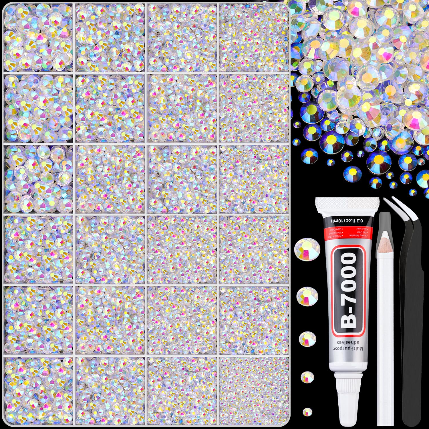 30000Pcs Transparent AB Rhinestones for Bedazzling with B7000 Jewelry Glue, Bedazzler Kit Flatback Gems, Resin Rhinestones for Crafting Crafts Clothing Shoes Fabric Nail Art Assorted Size 2/3/4/5/6mm-Velvo Beauty