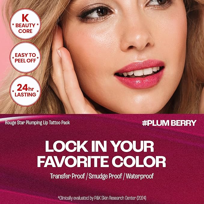 Rouge Star Plumping Lip Tattoo (0.17 oz) - 72-HR Long Lasting Waterproof Peel Off Lip Stain - Transfer-Proof, Non -Sticky Hydrating Matte Lip Tint Tattoo (Plum Berry)-Velvo Beauty