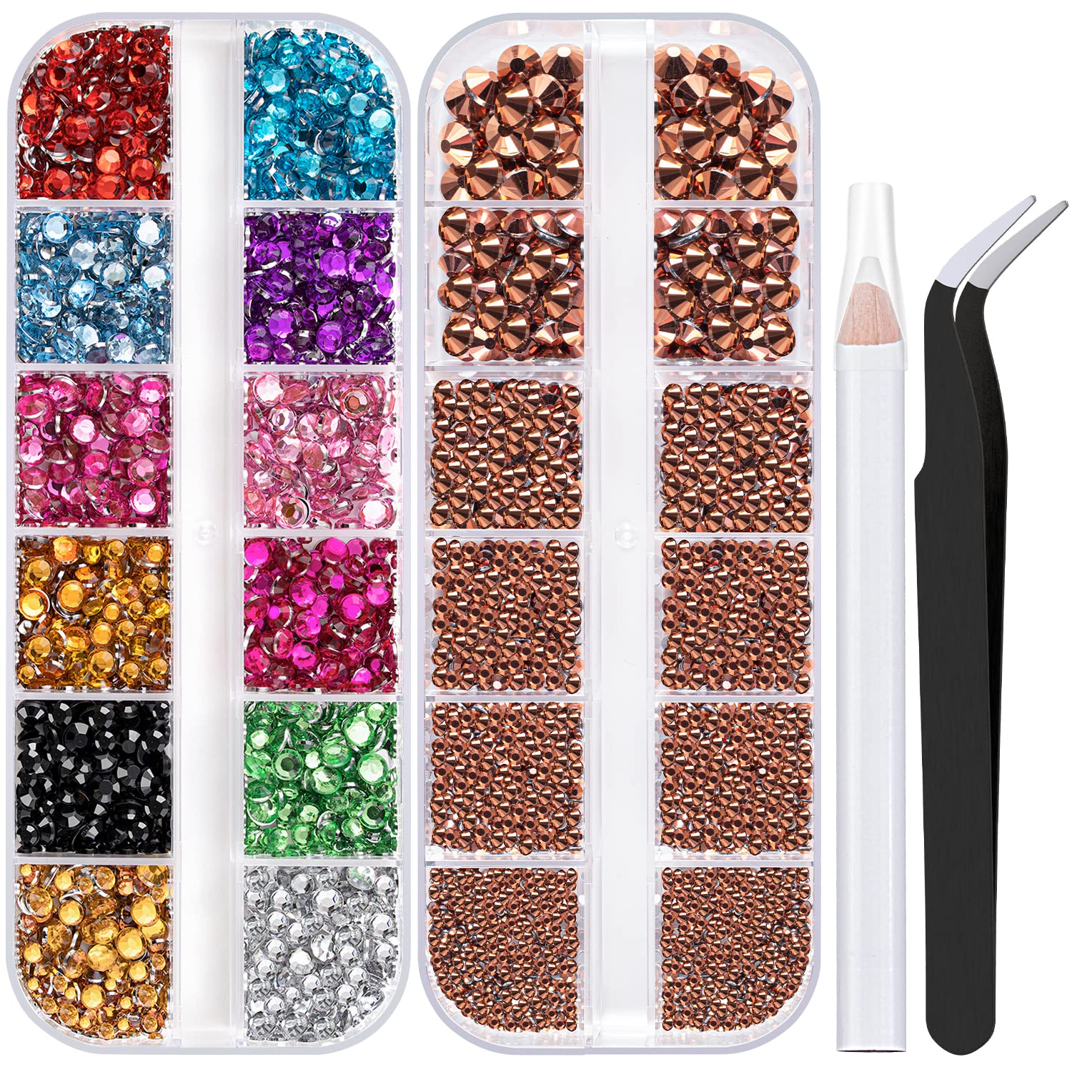 Two Packs of Flatback Rhinestones 4520 Pcs Colorful Nail Art Rhinestones Flatback Crystal Colorful+Rose Gold Rhinestone with Picker Pencil and Tweezer for Nail Art and Decoration-Velvo Beauty