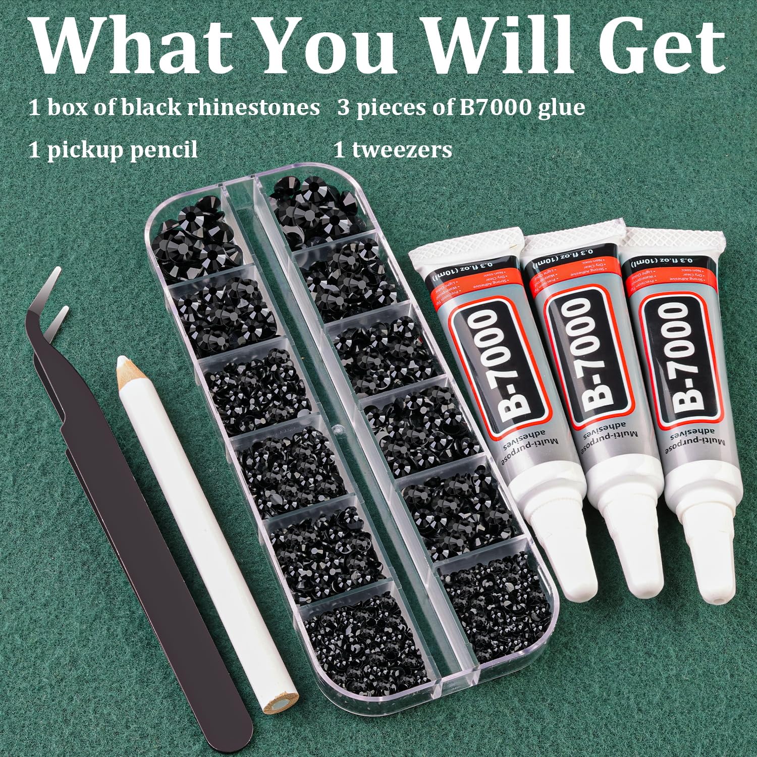 Resin Rhinestones for Bedazzling with B7000 Jewelry Glue, 1 Box Black Flatback Crystals with 3Pcs 10ml Glue for Crafting Crafts，Non Hotfix Gems for Clothing Shoes Nail Art Makeup-Velvo Beauty