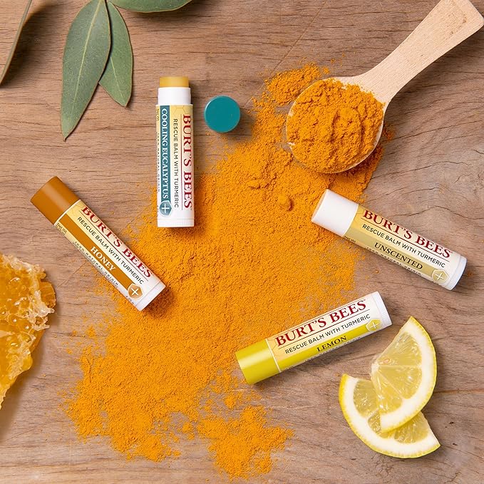 Burt's Bees 100% Natural Origin Rescue Lip Balm With Beeswax and Antioxidant-Rich Turmeric Promotes Healing Of Extremely Dry Lips, Cooling Eucalyptus, 2 Tubes in Blister Box(Pack May Vary)-Velvo Beauty