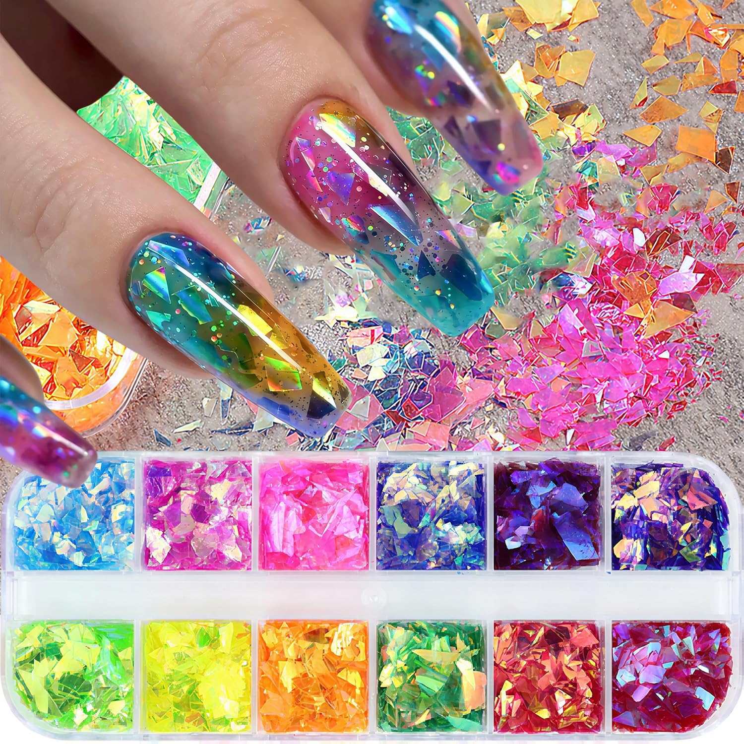 12Grids Holographic Mermaid Colorful Nail Art Glitter,Irregular Rainbow Candy Color Nail Art Flakes Sequins Gradient Bright Ice Slag Nail Sequins Summer Metallic Foil Nail Supplies DIY Nail Decoration-Velvo Beauty
