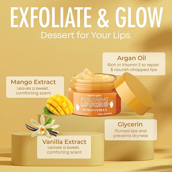 Mango Vanilla Lip Scrub - Dermatologist Tested, Anti-Aging, Korean Skin Care, Deep Exfoliation & Hydration - Smooth, Soft, Plump Lips - Clean Beauty, Vegan, Non-GMO - 1 Pack-Velvo Beauty