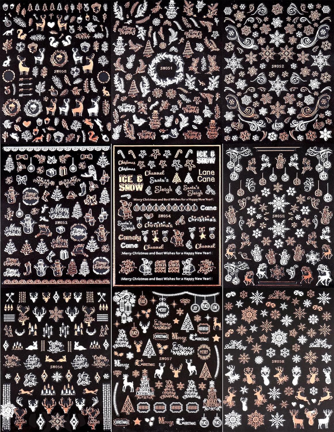 9 Sheets Christmas Nail Art Stickers Decals Self-Adhesive Pegatinas Uñas Rose Gold Snowflake Tree Winter Nail Supplies Nail Art Design Decoration Accessories-Velvo Beauty