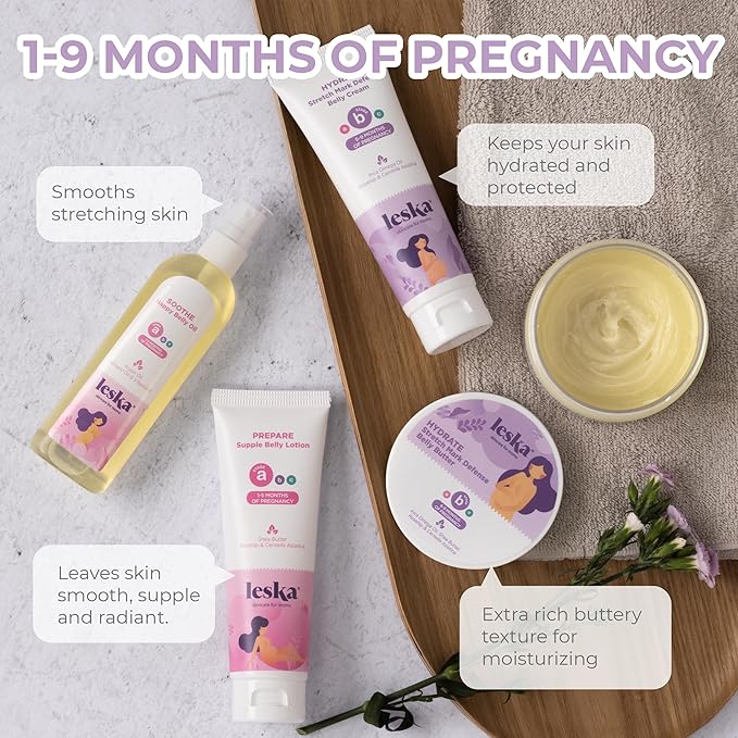 Leska Pregnancy Stages A & B Set | Belly Lotion, Belly Oil, Stretch Mark Defense Cream & Belly Butter | Pregnant Mom Months 1-9 | Part of Complete 3-Part Pregnancy Skincare System (Set of 4, 4-4.93oz)-Velvo Beauty