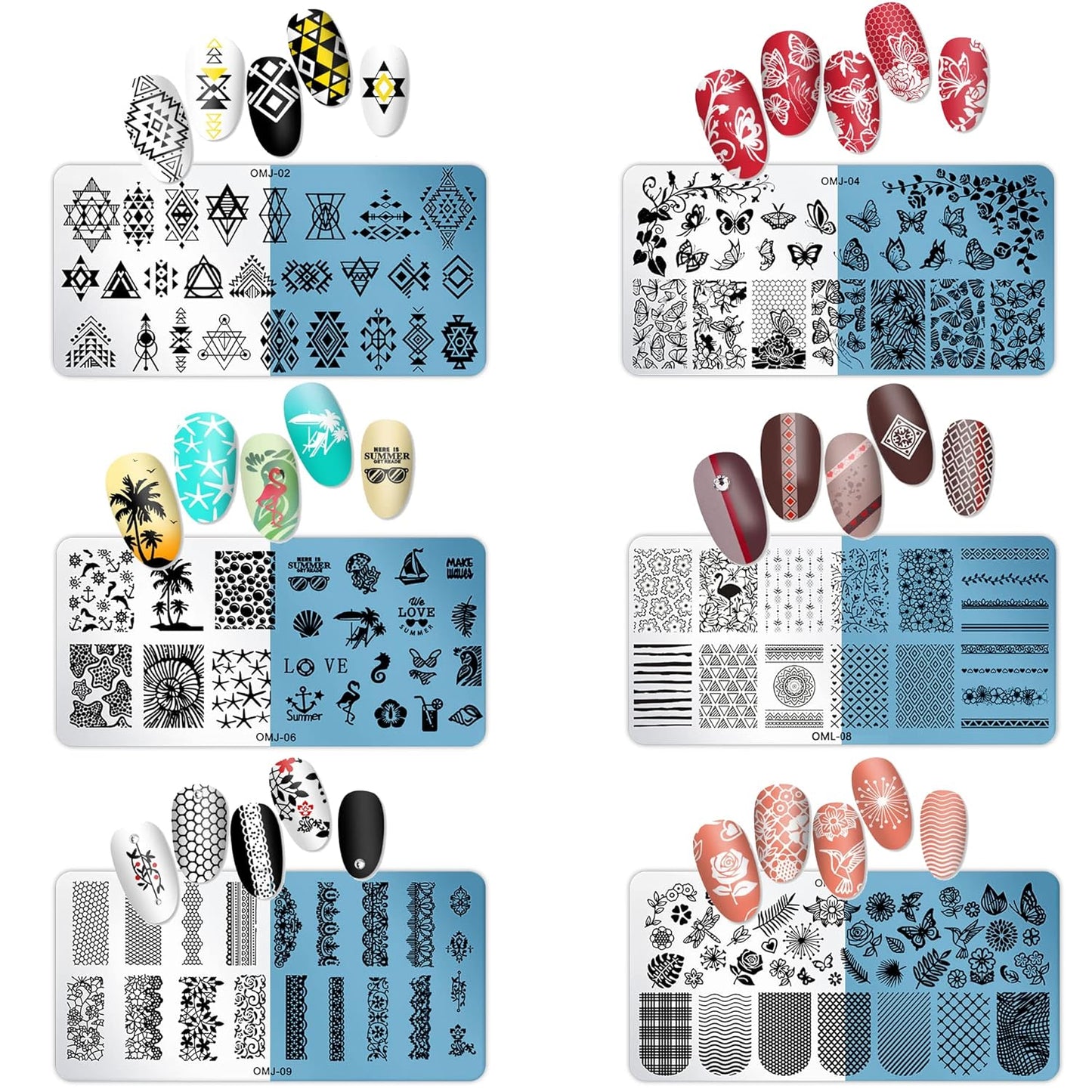 AddFavor Nail Stamper Kit 6pcs Flower Lace Nail Art Stamping Plate Butterfly Leaf Geometry Template with Silicone Nail Stamper and Scraper for Women Girls DIY Fingernail Manicure Stencils Tools-Velvo Beauty
