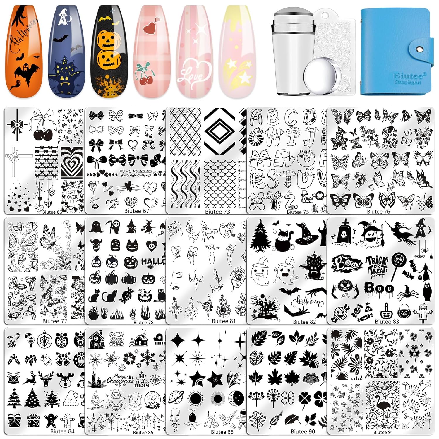 Biutee Nail Stamping Plate 15PCS Nail Stamper Kit Nail Art Stamping Plates Set with Nail Stamper, Scraper & Storage Bag, Nail Stamping Kit Star Bowknot Love Butterfly Leaf Halloween Design Template-Velvo Beauty