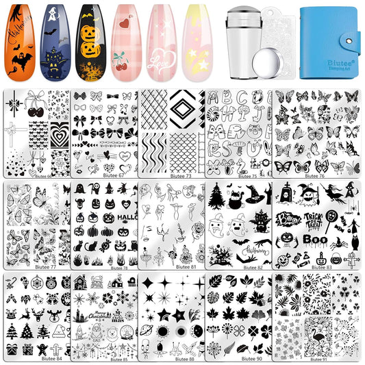 Biutee Nail Stamping Plate 15PCS Nail Stamper Kit Nail Art Stamping Plates Set with Nail Stamper, Scraper & Storage Bag, Nail Stamping Kit Star Bowknot Love Butterfly Leaf Halloween Design Template-Velvo Beauty