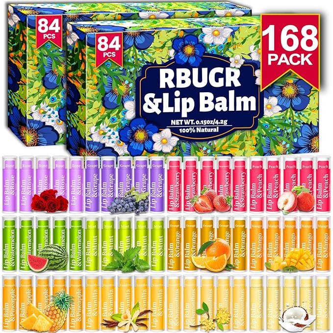 168 Pcs Lip Balm Bulk, 12 Flavored Lip Balm Pack for Women, All Organic Natural Bulk Lip Balms for Dry Cracked Lips, Moisturizing Lip Balms Gift Set(4.2g/0.15oz)-Velvo Beauty