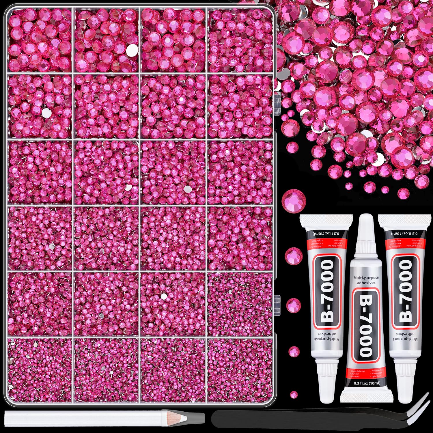 25000Pcs Resin Rhinestones with Tweezers for Crafting, Hot Pink 2-6mm Mixed Sizes Bedazzling Crystal with 3Pcs 10ml B7000 Jewelry Glue for DIY Crafts Clothing Tumblers Shoes Fabric Nail Art-Velvo Beauty