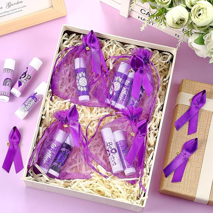 50 Set Overdose Awareness Lip Balms Gifts with 50 Organza Bags 50 Purple Awareness Ribbon Pins Raise Awareness for Domestic Violence Pancreatic Cancer Lupus Alzheimer's Awareness-Velvo Beauty