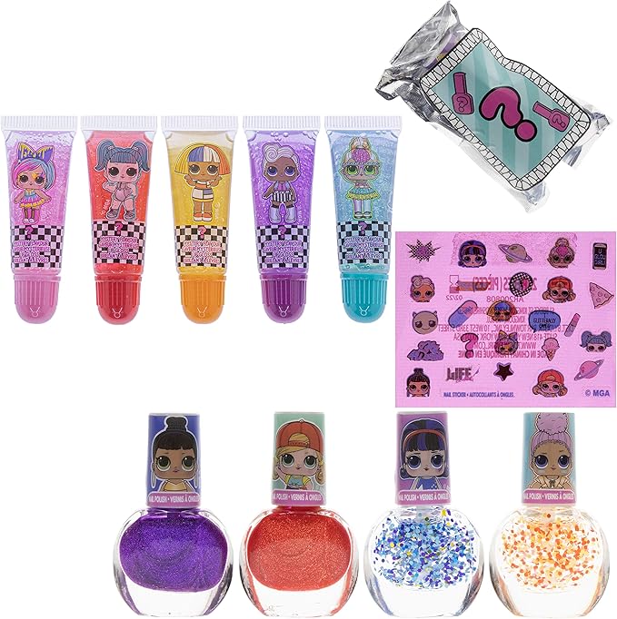 LOL Surprise Townley Girl 11 Pcs Sparkly Cosmetic Makeup Set for Kids Includes 5 Lip Gloss, 5 Nail Polish & Nail Stickers for Girls Tweens, Ages 3+ Perfect for Parties, Sleepovers and Makeovers-Velvo Beauty