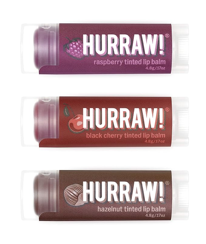 Hurraw! Raspberry Tinted, Black Cherry Tinted, Hazelnut Tinted Lip Balms, 3 Pack Bundle: Organic, Certified Vegan, Cruelty & Gluten Free. Non-GMO, 100% Natural. Bee, Shea, Soy & Palm Free. Made in USA-Velvo Beauty