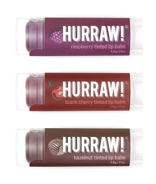 Hurraw! Raspberry Tinted, Black Cherry Tinted, Hazelnut Tinted Lip Balms, 3 Pack Bundle: Organic, Certified Vegan, Cruelty & Gluten Free. Non-GMO, 100% Natural. Bee, Shea, Soy & Palm Free. Made in USA-Velvo Beauty