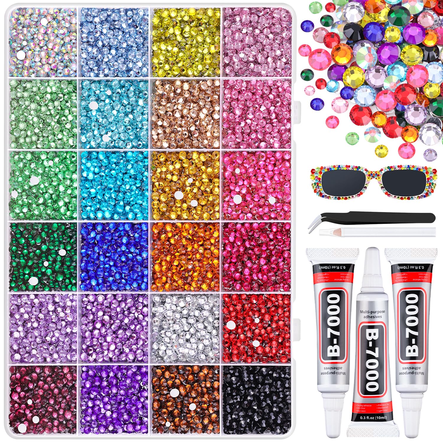22000Pcs Resin Rhinestones for Bedazzling with 3Pcs B7000 Jewelry Glue, Multicolor 2/3/4mm Flatback Gems Rhinestones for Crafting, Clothing Tumblers Mugs Shoes Fabric Decor Nail Art-Velvo Beauty