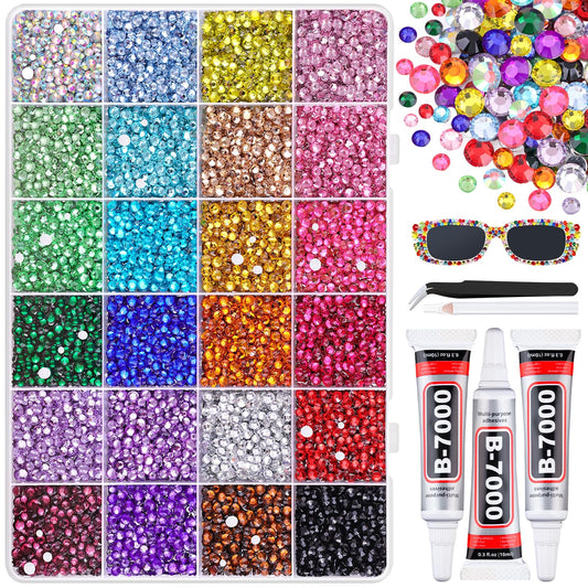 22000Pcs Resin Rhinestones for Bedazzling with 3Pcs B7000 Jewelry Glue, Multicolor 2/3/4mm Flatback Gems Rhinestones for Crafting, Clothing Tumblers Mugs Shoes Fabric Decor Nail Art-Velvo Beauty