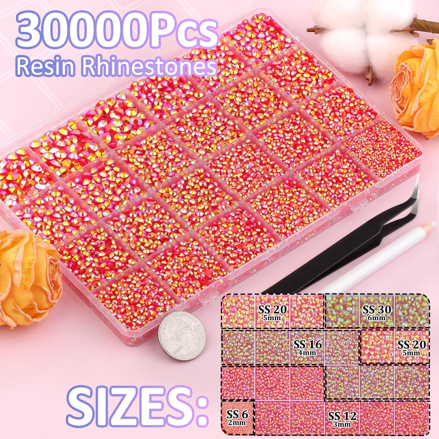 30000Pcs Red AB Rhinestones for Bedazzling with B7000 Jewelry Glue, Bedazzler Kit Flatback Gems, Resin Rhinestones for Crafting Crafts Clothing Shoes Fabric Nail Art Assorted Size 2/3/4/5/6mm-Velvo Beauty