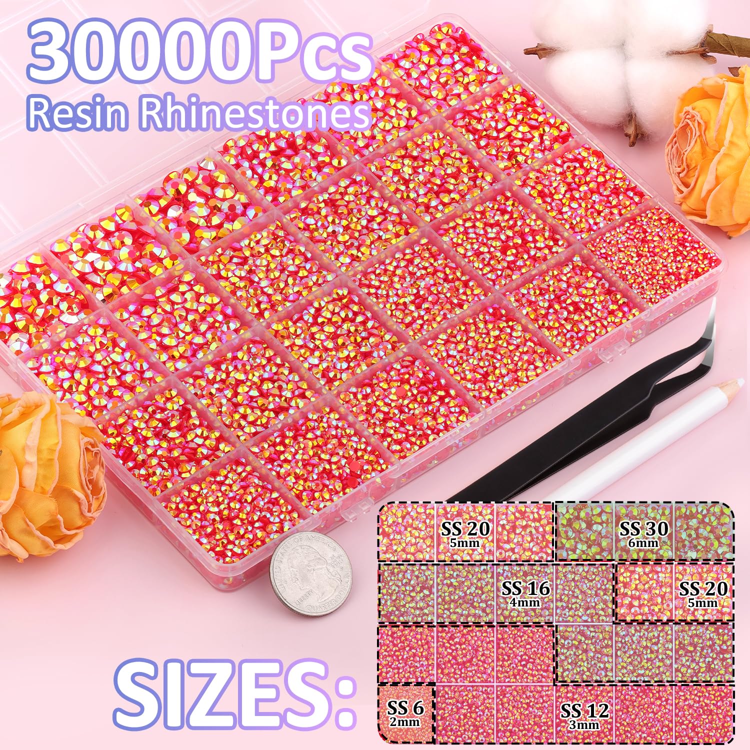 30000Pcs Red AB Rhinestones for Bedazzling with B7000 Jewelry Glue, Bedazzler Kit Flatback Gems, Resin Rhinestones for Crafting Crafts Clothing Shoes Fabric Nail Art Assorted Size 2/3/4/5/6mm-Velvo Beauty