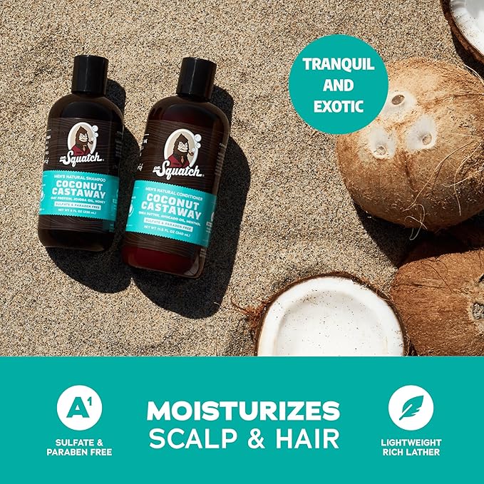 Dr. Squatch Natural Hair Bundle for Men - Healthy, Full Looking Hair - Coconut Castaway Shampoo (8 fl oz), Coconut Castaway Conditioner (11.5 fl oz)-Velvo Beauty